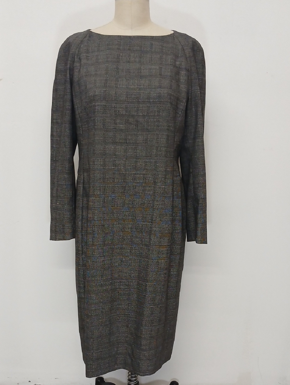 SFERA Classic Gray Plaid Long Sleeve Sheath Dress / MADE IN ITALY